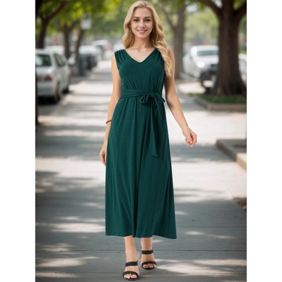 Женские платья INSPIRE CHIC Women's Sleeveless Tie-Waist Knit Beach Tank Casual Maxi Dress with Pockets Dark Green Medium — фото 2