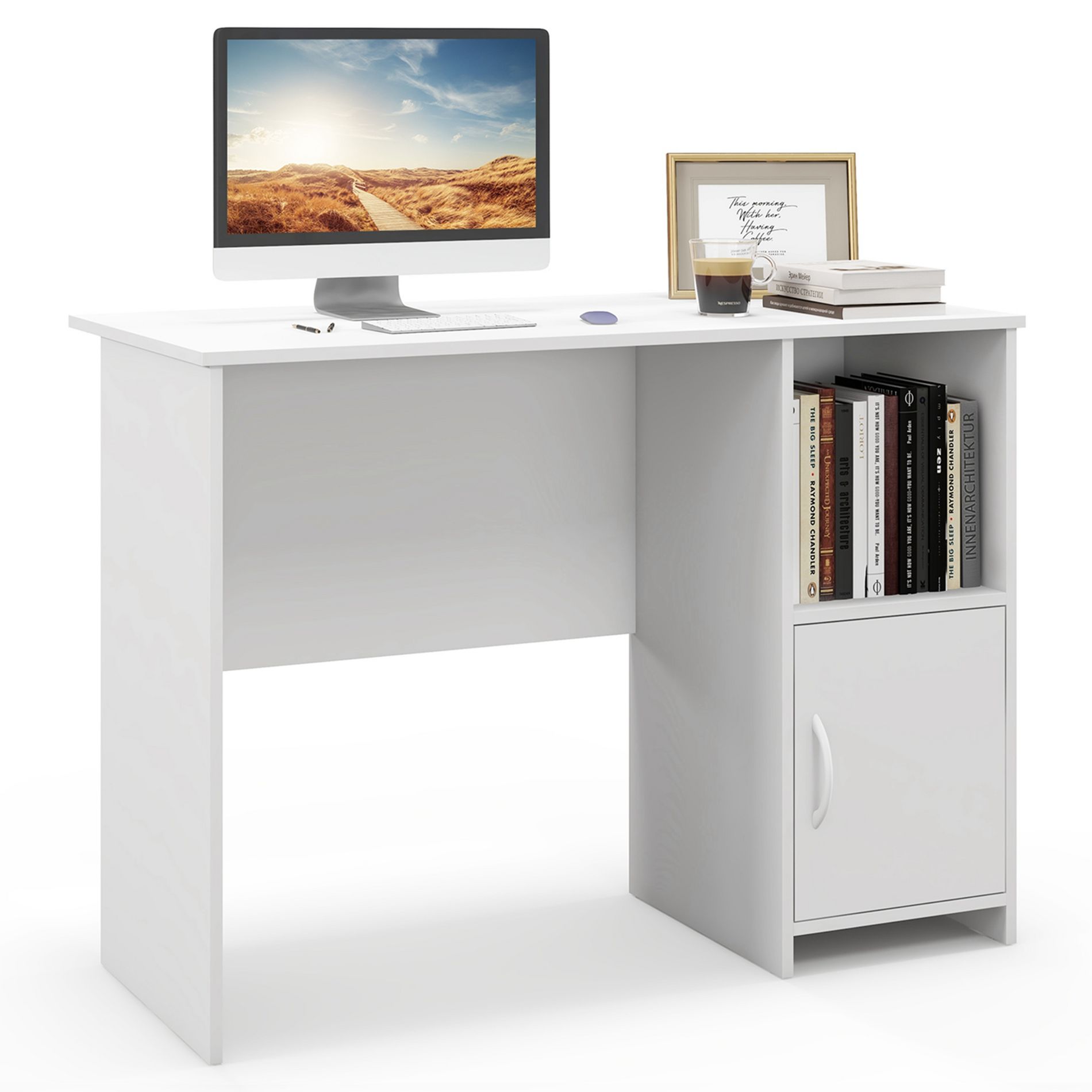Costway Modern Computer Desk with Cabinet Cable Holes & Open Shelf Storage for Home Office