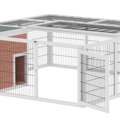 White and Brown Wooden Outdoor Rabbit Hutch with Run