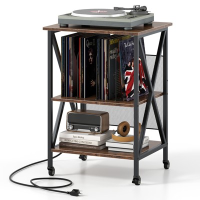 Tangkula Record Player Stand with Charging Station 3-Tier Turntable Stand with Adjustable Shelf