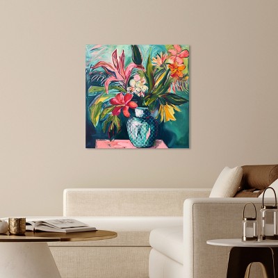 Vibrant Tropical Flowers in Teal Vase Canvas Art, 40" x 40"