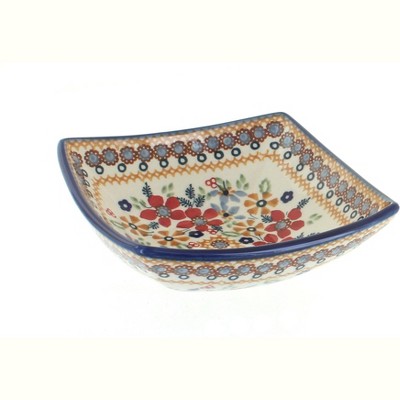 Blue Rose Polish Pottery Red Daisy Small Square Bowl