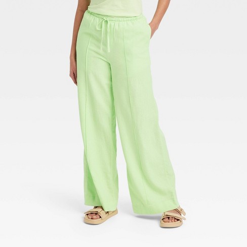 Women's High-Rise Wide Leg Linen Pull-On Pants - A New Day™ Green M
