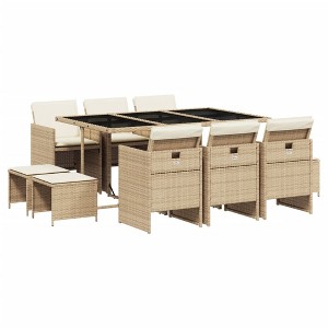 vidaXL 11 Piece Patio Dining Set – Beige Poly Rattan, Cushions Included, Space-Saving Storage, Tempered Glass Table for Outdoor/Backyard/Patio - 1 of 4