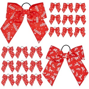 Okuna Outpost 20 Pack 8 Inch Cheer Bows for Cheerleaders, Elastic Ponytail Holders for Women and Girls, Bulk Polyester Hair Ribbons, 2 Designs, Red - 1 of 4