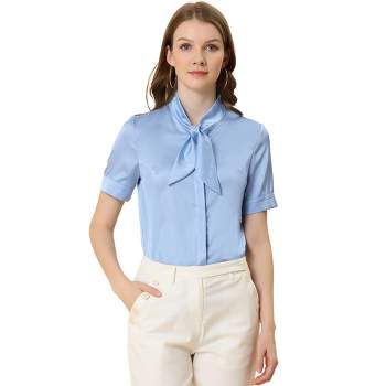 Allegra K Women's Work Tops Career Tie Neck Short Sleeve Satin Elegant Button Down Shirt