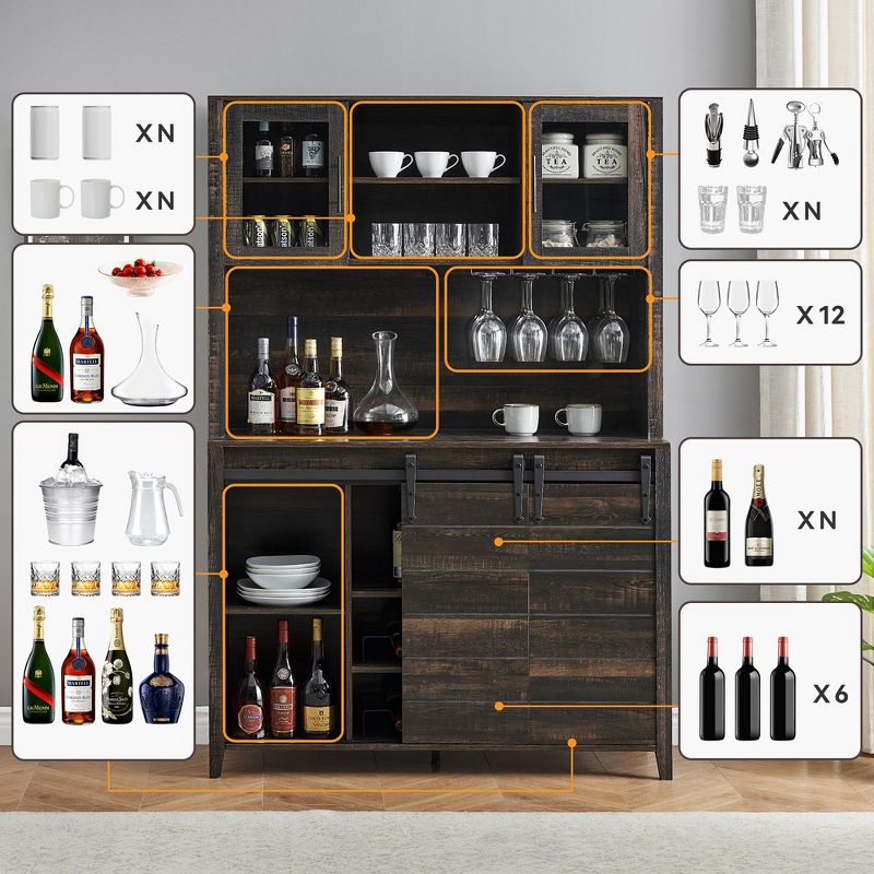 Whizmax Farmhouse Coffee Bar Cabinet with Sliding Barn Doors, Wine&Glasses Rack, Tall Sideboard Buffet Cabinet for Kitchen, Dining Room, 4 of 8