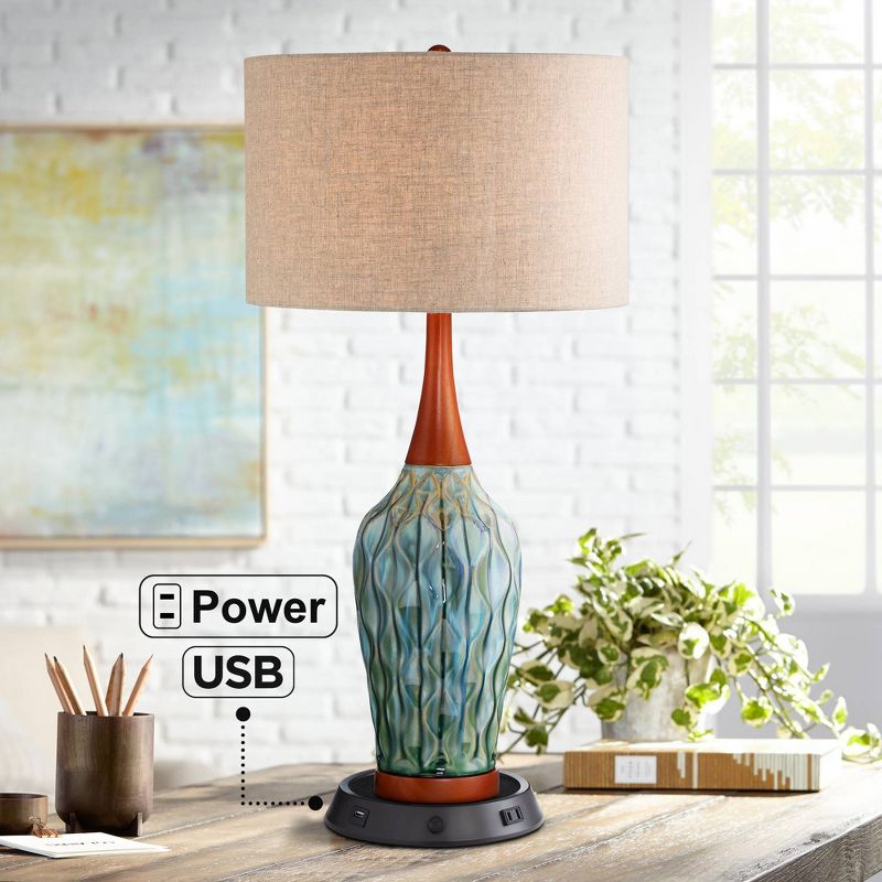 360 Lighting Rocco Modern Mid Century Table Lamp 30" Tall Blue Teal Ceramic with Dimmable USB Workstation Base Linen Drum Shade for Living Room Home, 2 of 8