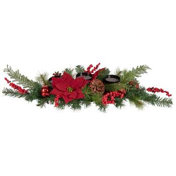 Northlight 32" Artificial Mixed Pine, Berries and Poinsettia Christmas Candle Holder Centerpiece