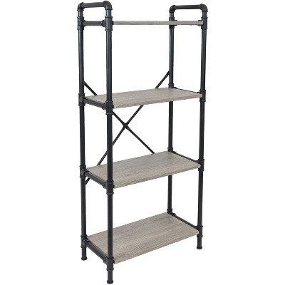 Sunnydaze 4 Shelf Industrial Style Pipe Frame Freestanding Bookshelf with Wood Veneer Shelves - Oak Gray