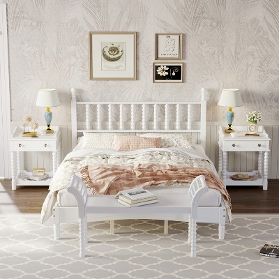 4-Piece Retro Style Bedroom Sets, Queen Size Platform Bed with Gourd Shaped Headboard, 2 Nightstand and Bench with Turned Legs - ModernLuxe