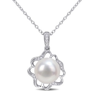 EVERLY JEWELRY | Sterling Silver 9.5-10mm Cultured Freshwater Pearl and Diamond-Accent Floral Pendant with Chain - 18 inch - 1 of 4