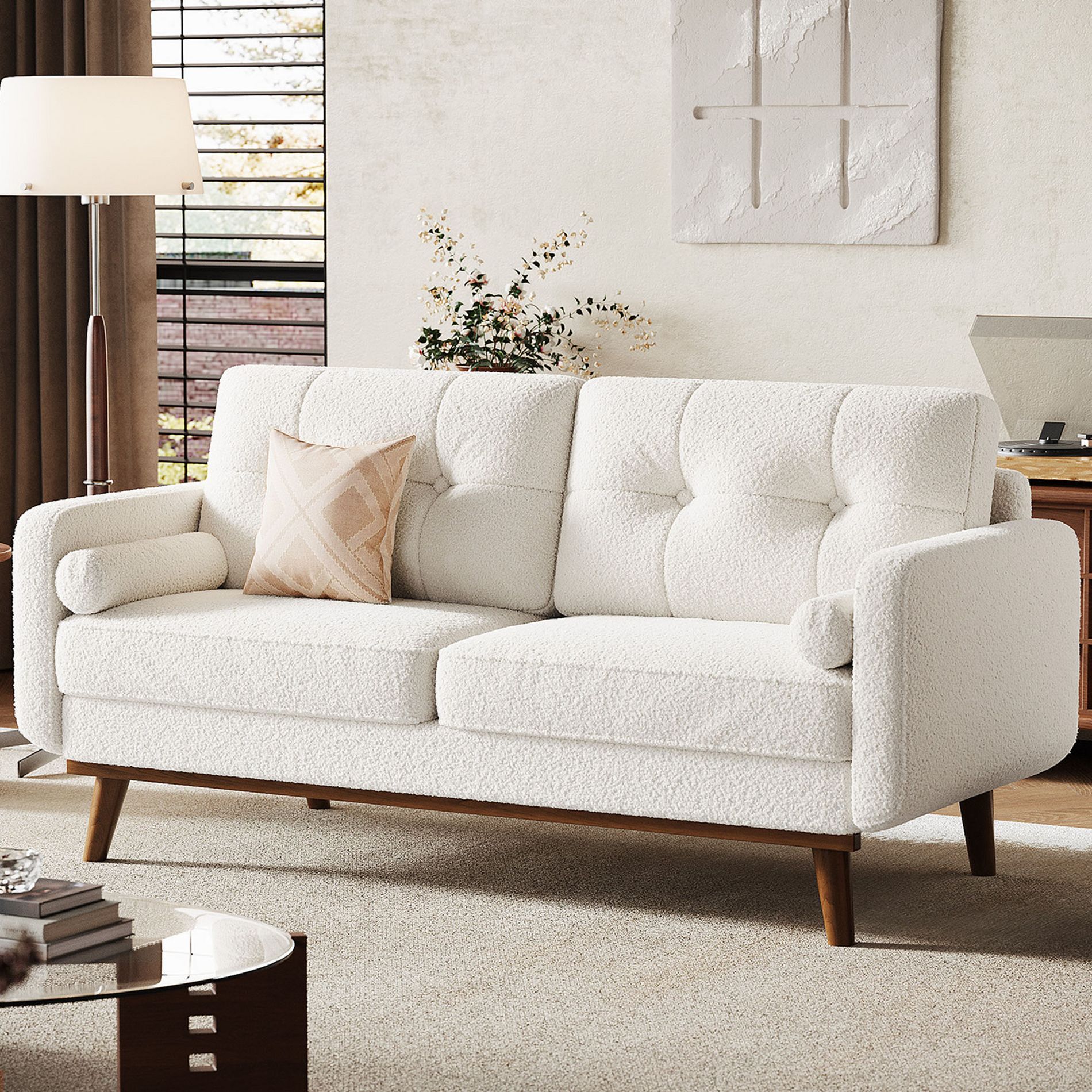Garvee 65" Loveseat Sofa Couch, Boucle Upholstered Sofa with Wood Legs for Living Room, Bedroom, Office, Beige