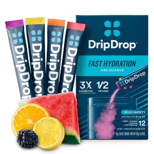 DripDrop Hydration Powder Vegan Electrolyte Supplements - Bold Variety - Berry, Lemon, Orange, Watermelon - 0.35oz/12ct - 1 of 4