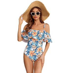 Off Shoulder One Piece Swimsuit for Women Ruffled Sleeves Bathing Suits - 1 of 4