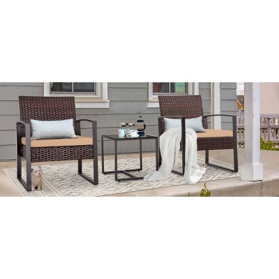 3-Piece Outdoor PE Wicker Patio Chair and Table Set with Washable Cushions for Balcony or Poolside-The Pop Home