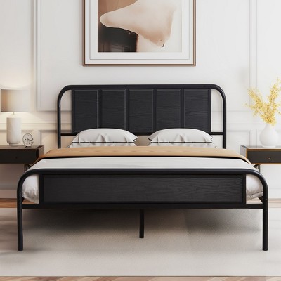 Vecelo Queen Size Bed Frame With Industrial Wooden Headboard, Black ...