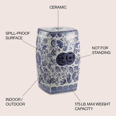 Chic Blue and White Chinoiserie Ceramic Square Garden Stool