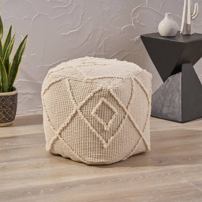 Merton Boho Pouf Ivory - Christopher Knight Home: Square Wool & Cotton Upholstered, Spot Clean, No Assembly Required
