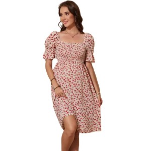 Women's Maternity Dress Square Neck Smocked Waist Puff Sleeve Floral Print Casual Midi Dress - 1 of 4