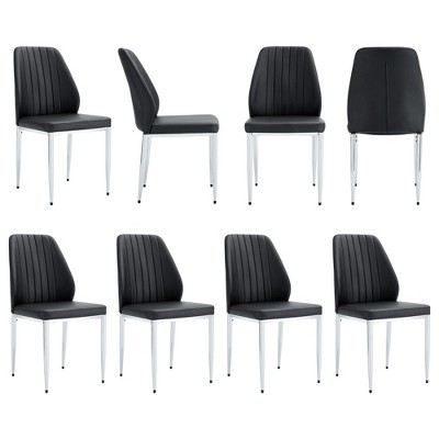 Vynxaria Set of Eight Black PU Dining Chairs with Silver Metal Legs