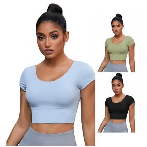 INSPIRE CHIC 3 Packs Women's U Neck Short Sleeve Deep V Back Shapewear Workout Tank Tops with Bulit in Bra - 1 of 4