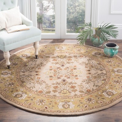 Hand-Knotted Ivory and Gold Round Wool Area Rug