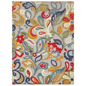 Ivory And Blue Floral Stain Resistant Indoor Outdoor Area Rug - 1 of 4