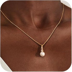 Gold Plated Pearl Lariat Necklace for Women, Dainty Beaded Drop Choker Vintage Style Gold-pearl CZ - 1 of 4