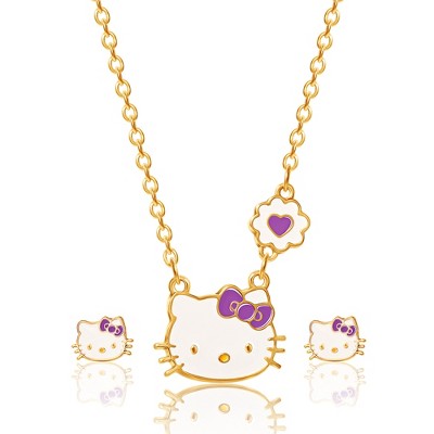 Sanrio Hello Kitty Fashion Jewelry Set Heart Necklace with Bow Studs,  Officially Licensed