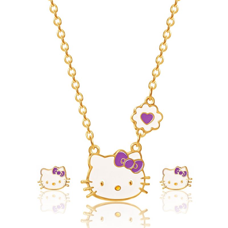 Hello Kitty Girls Necklace Stud Earrings Jewelry Set - 18+3", 1 of 8