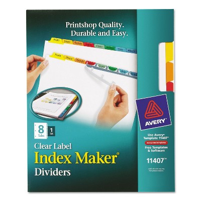 Avery Index Maker Print & Apply Clear Label Dividers w/Color Tabs 8-Tab Letter 11407