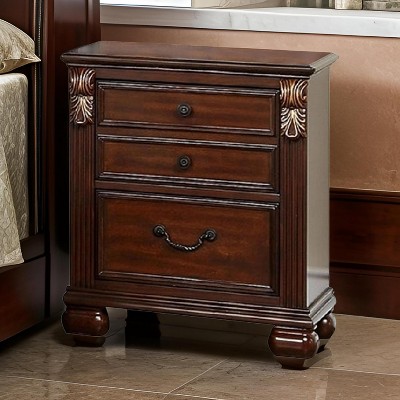 ORRD Inch Three Drawer Nightstand with Carved Brass Accents, Cherry Oak Brown