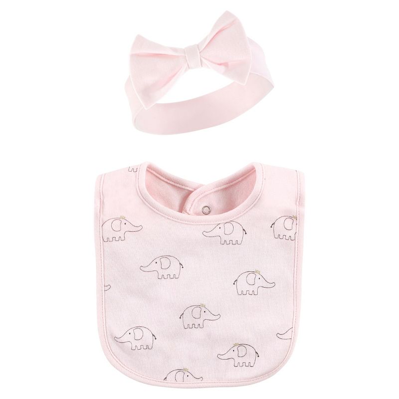 Hudson Baby Infant Girl Cotton Bib and Headband or Caps Set, Pink Gray Elephant, One Size, 4 of 6