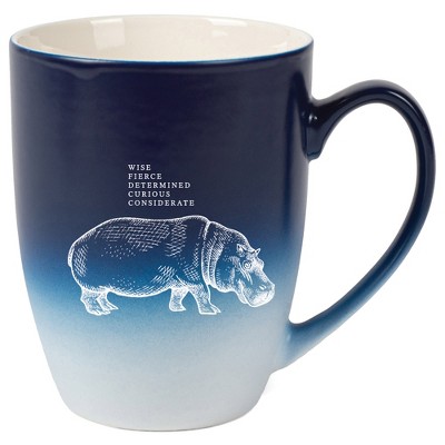 Elanze Designs 12 Ounce Ceramic Decorative Laser Engraved Giftable Novelty Tea Coffee Cup Mug Navy Blue and White Hippo Wise Fierce Determined Curious