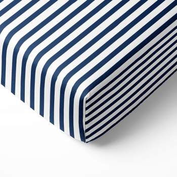 Bacati - Navy Pin Stripes 100 percent Cotton Universal Baby US Standard Crib or Toddler Bed Fitted Sheet