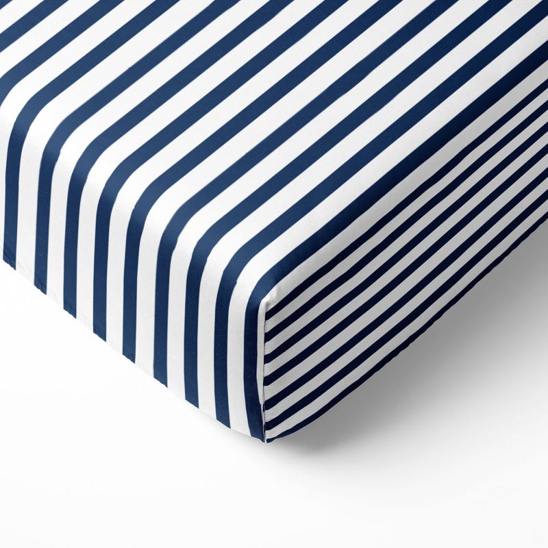 Bacati - Navy Pin Stripes 100 percent Cotton Universal Baby US Standard Crib or Toddler Bed Fitted Sheet, 1 of 7