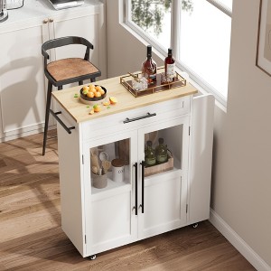Rolling Wooden Kitchen Island with Drawer, Kitchen Cart with Storage Cabinet on Wheels, Thicker Wooden Top Trolley Island with 3 Spice Rack - 1 of 4