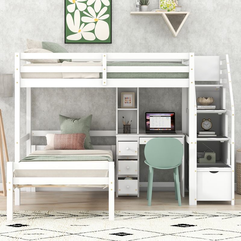 Twin Size Loft Bed with Separate Bed, Staircase for Storage, Desk, Shelves and Drawers - ModernLuxe, 1 of 12