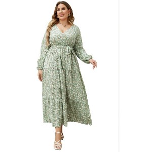 V Neck Maxi Wrap Dress for Plus Size Women Long Sleeves High Waist Ruffle Casual Belt Dress - 1 of 4