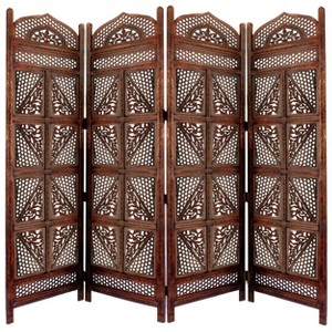 Benzara Traditional Four Panel Wooden Room Divider with Hand Carved Details Antique Brown - 1 of 4