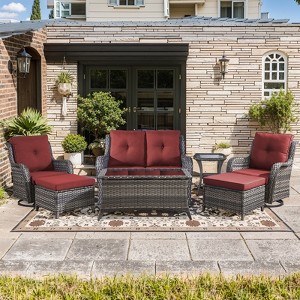 Gymojoy 7 Piece Outdoor Wicker Loveseat Sofa with Patio Swivel Glider Chairs with Coffee Table and Ottoman Sets - 1 of 4