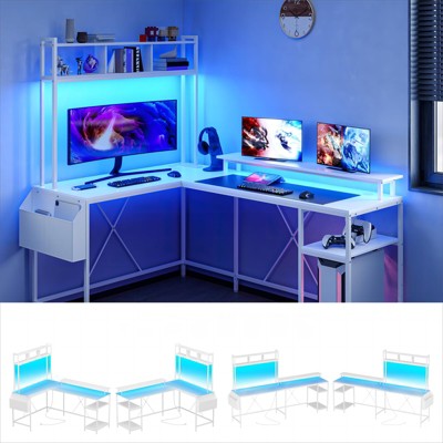 Whizmax L Shaped Computer Gaming Desk with LED Lights & Power Outlets, 67" Reversible Large L-Shaped Desk with Monitor Stand & Storage Shelves