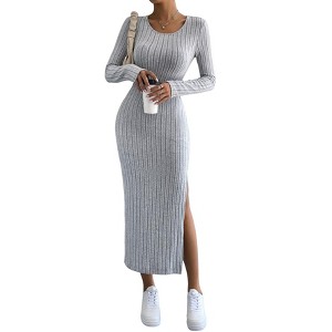 Women's Round Neck Slim Fit Ribbed Maxi Dress Long Sleeve Bodycon Side Slit Dress - 1 of 4