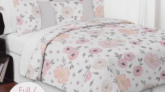 Sweet Jojo Designs Girl Baby Crib Bedding Set - Watercolor Floral Pink Grey White 4pc, 2 of 8, play video