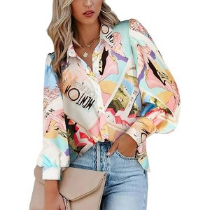 Zeagoo Womens Shirts Button Down Printed Lantern Long Sleeve Blouse Fashion Casual Tops - 1 of 4