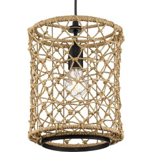 Progress Lighting Chandra 1-Light Pendant, Matte Black, Handwoven Geometric Shade, Coastal Style - 1 of 1