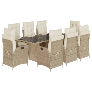 vidaXL 9 Piece Patio Dining Set with Cushions - Beige Poly Rattan, Reclining Chairs, Glass Tabletop, Outdoor Furniture for Garden/Backyard - 1 of 4