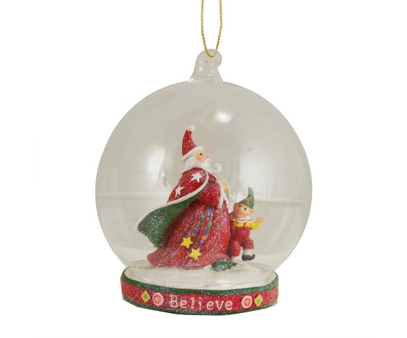 Mark Roberts Products 4.5" Mary Engelbreit Santa Claus with Elf "Believe" Globe Christmas Ornament - Red/White