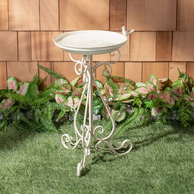 Pearl White Metal Scrolled Outdoor Bird Bath Stand